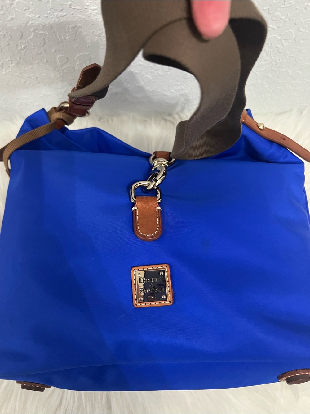 Dooney & Bourke Cobalt Blue Nylon Tote with Brown Leather Trim